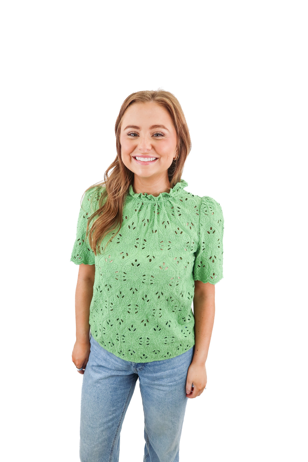 Sezane green eyelet short sleeve top (34/ US2)