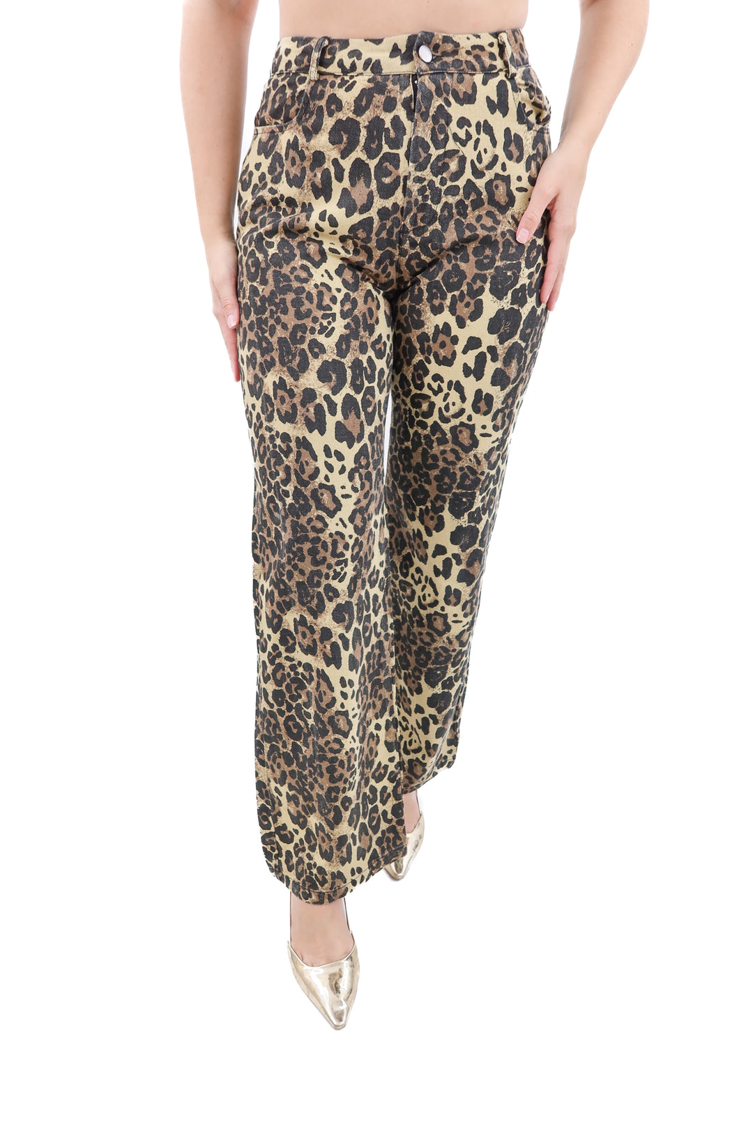 miss sparkling leopard wide leg jeans (m; retail $60)