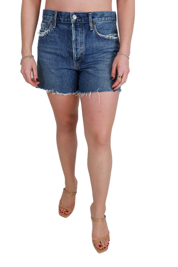 Agolde Medium Wash Raw Hem Shorts (27; retail $148)