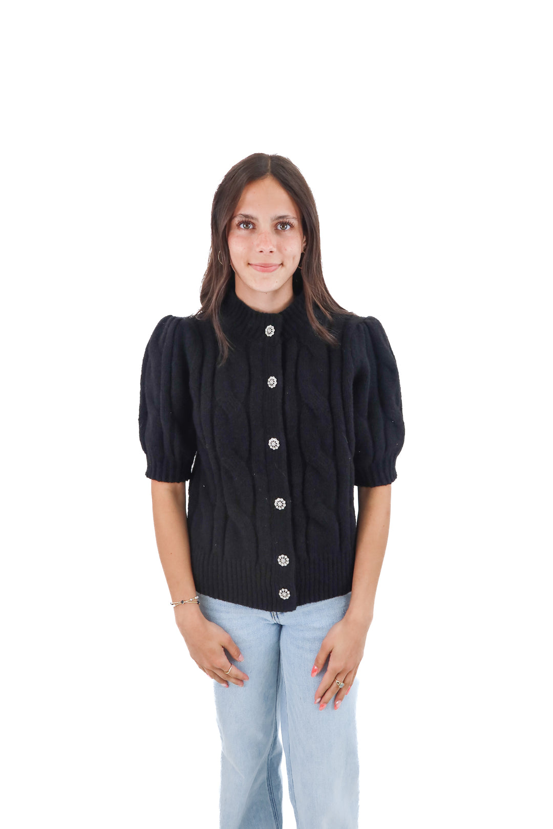 free assembly black mock neck cardi w/crystal flower buttons nwt (xs)