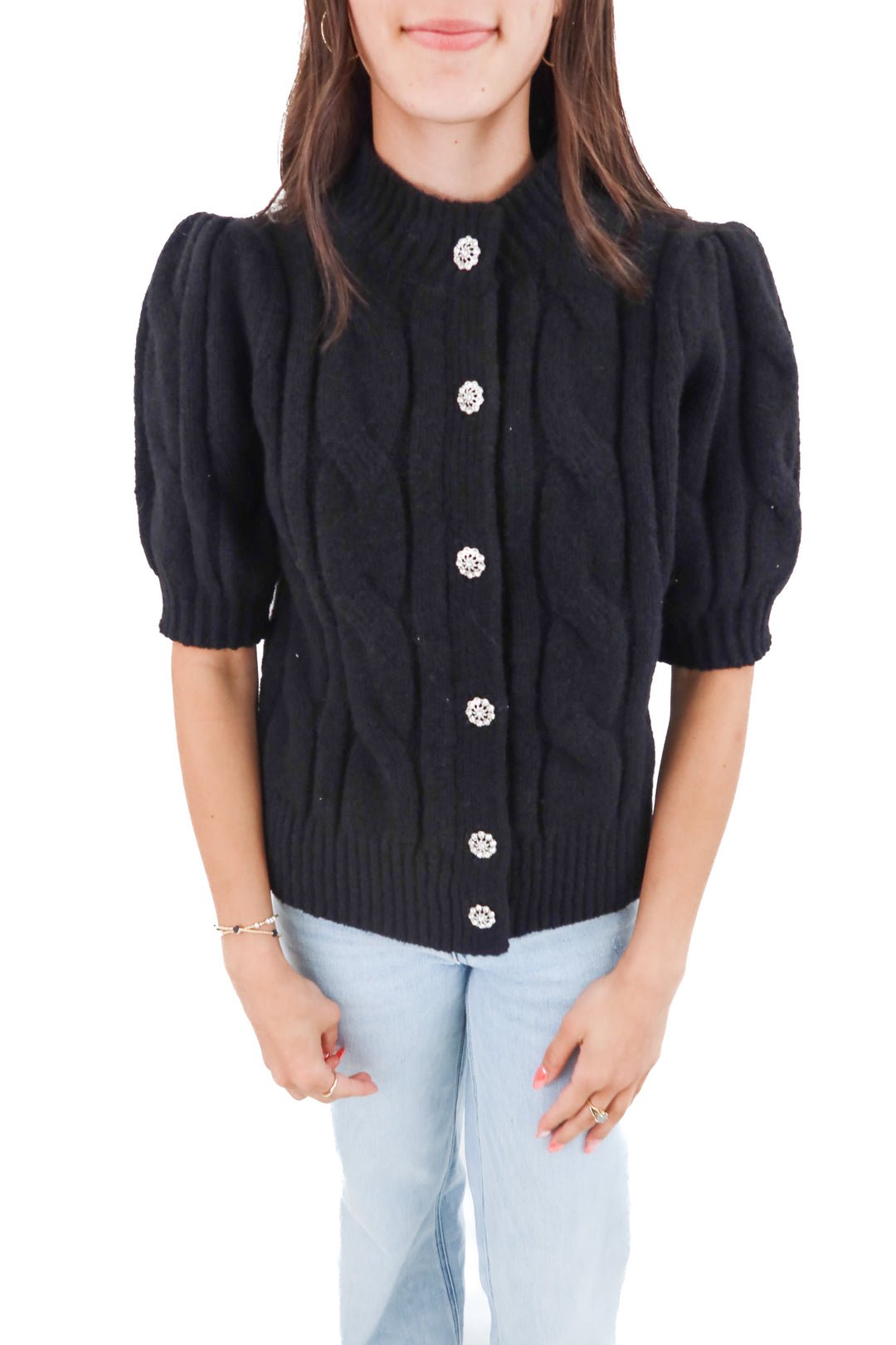 free assembly black mock neck cardi w/crystal flower buttons nwt (xs)