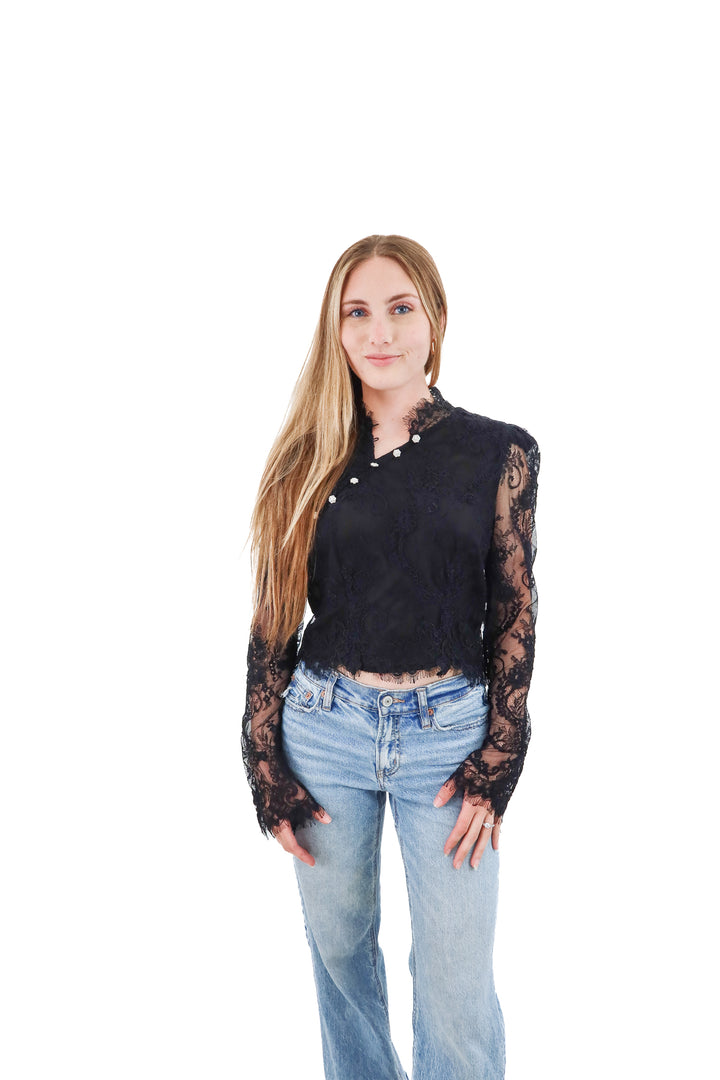 stone cold fox black lace bell sleeves top (s; retail $188)