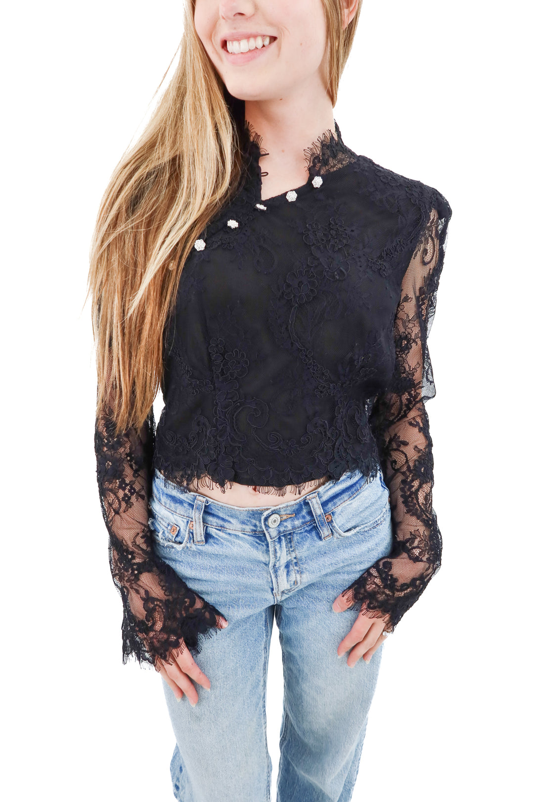 stone cold fox black lace bell sleeves top (s; retail $188)