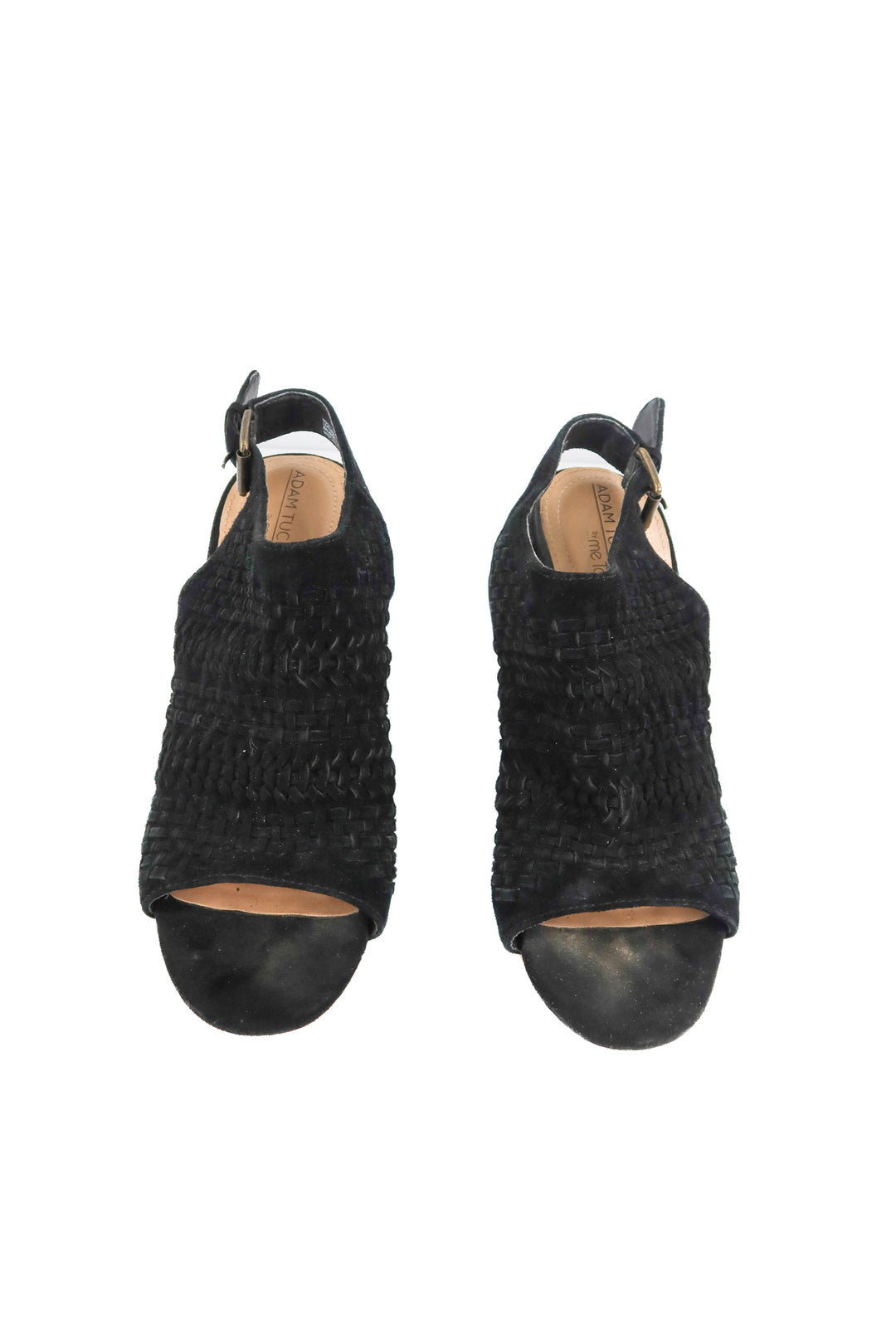 adam tucker by me too black suede chunky heel sandals (7.5)