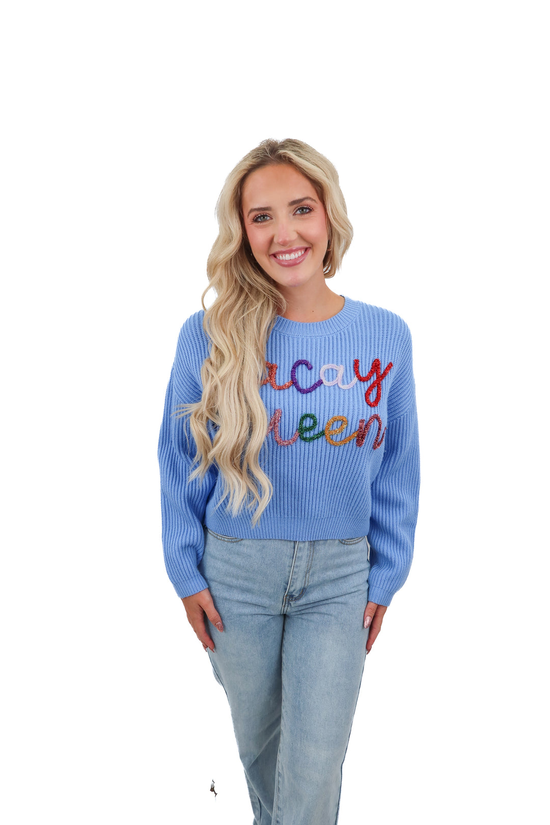 Queen of Sparkles vacay queen blue sweater (XS; retail $350)