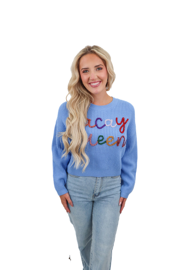 Queen of Sparkles vacay queen blue sweater (XS; retail $350)
