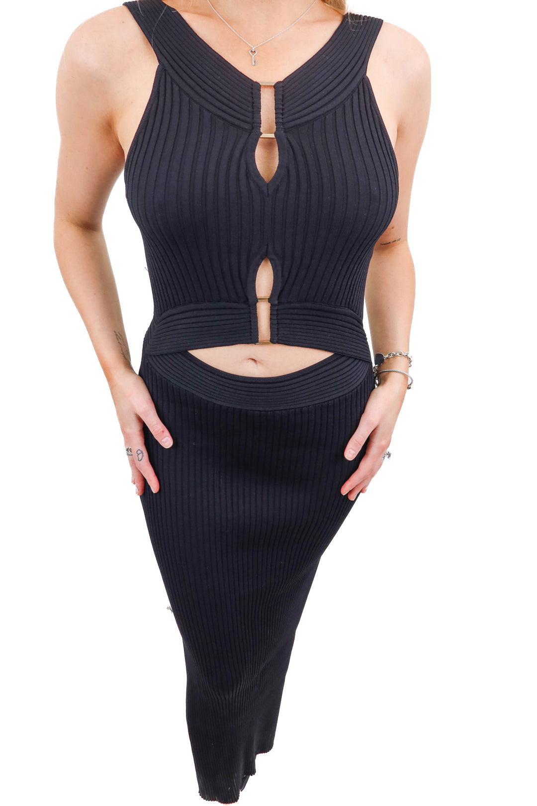 SOVERE black cutout midi dress (S; retail $179)