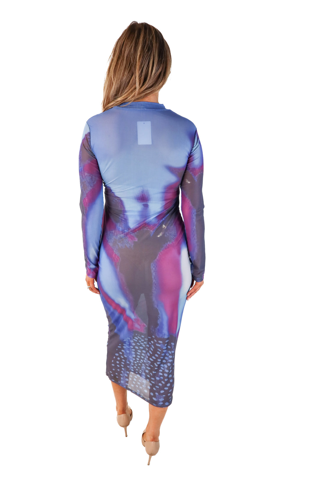 purple mesh abstract long sleeve maxi dress (L)