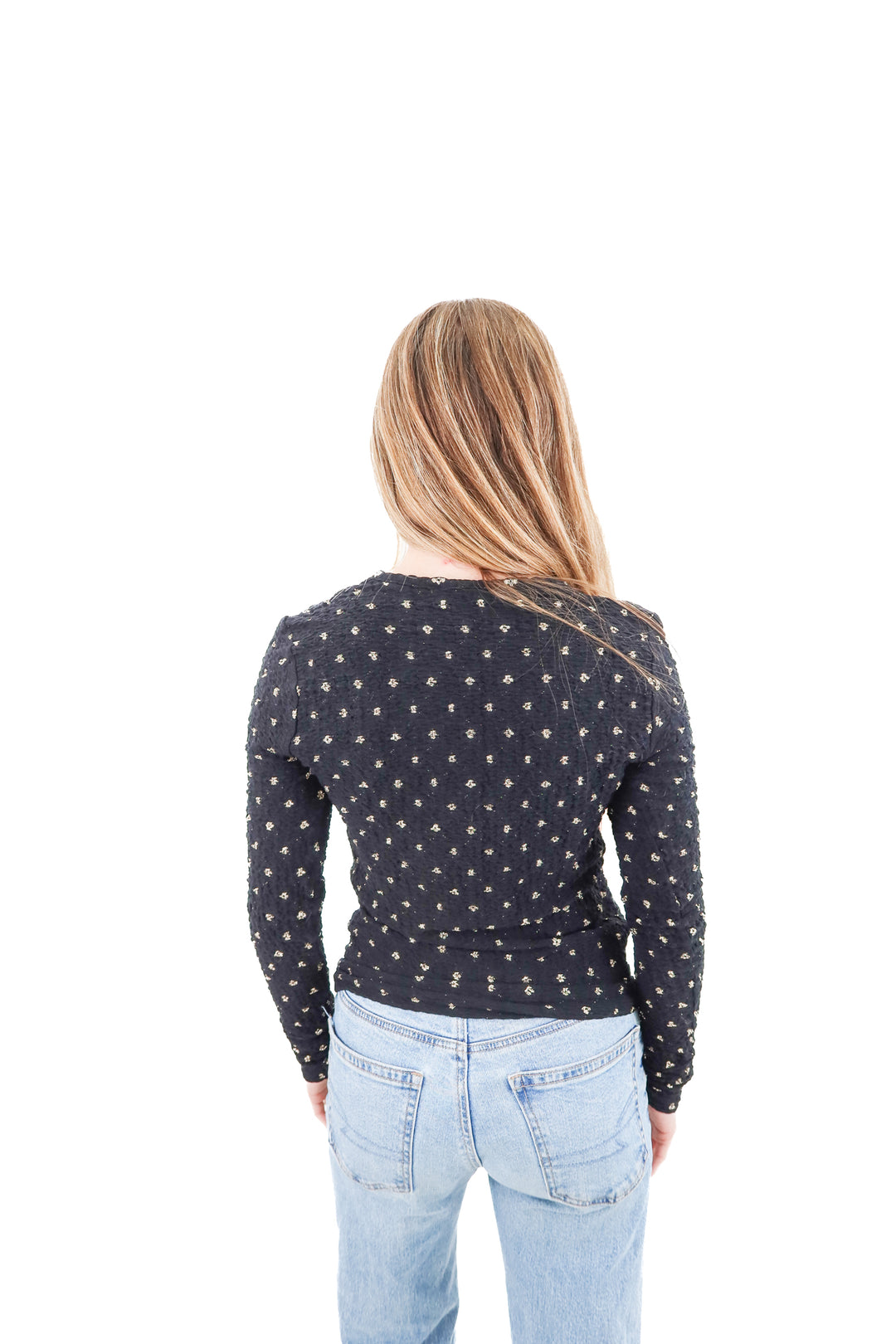 frame black long sleeve top w/ gold dot detail (s; retail $279)