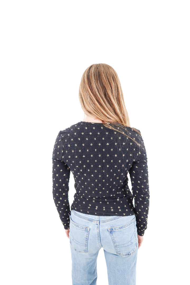 frame black long sleeve top w/ gold dot detail (s; retail $279)