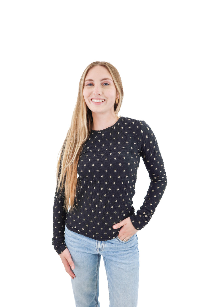 frame black long sleeve top w/ gold dot detail (s; retail $279)