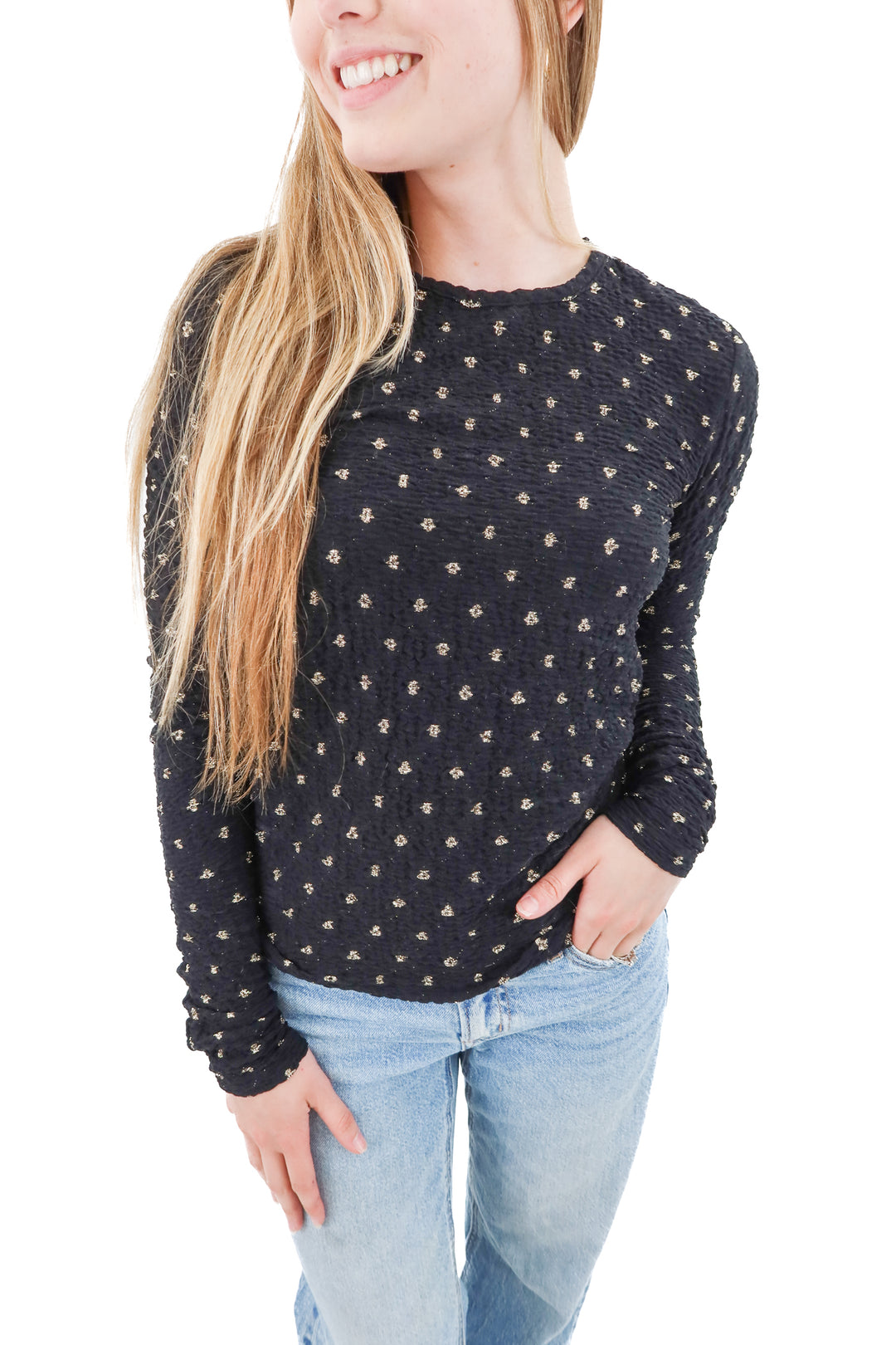 frame black long sleeve top w/ gold dot detail (s; retail $279)