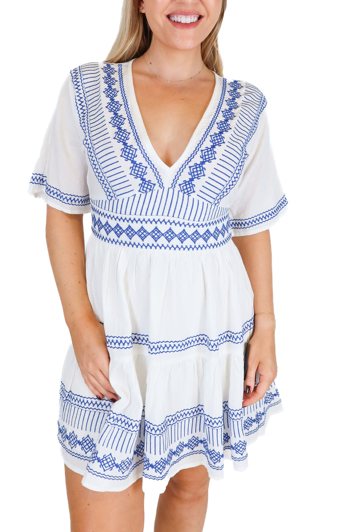 Lulus White with Blue Embroidery Mini Dress NWT (S)