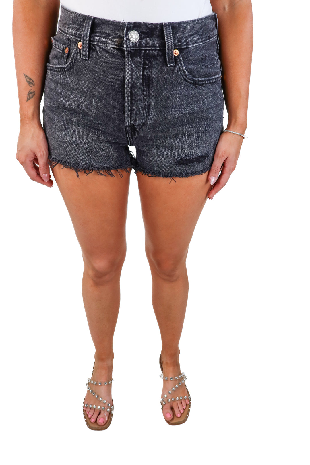 levis black distressed denim shorts (27; retail $70)