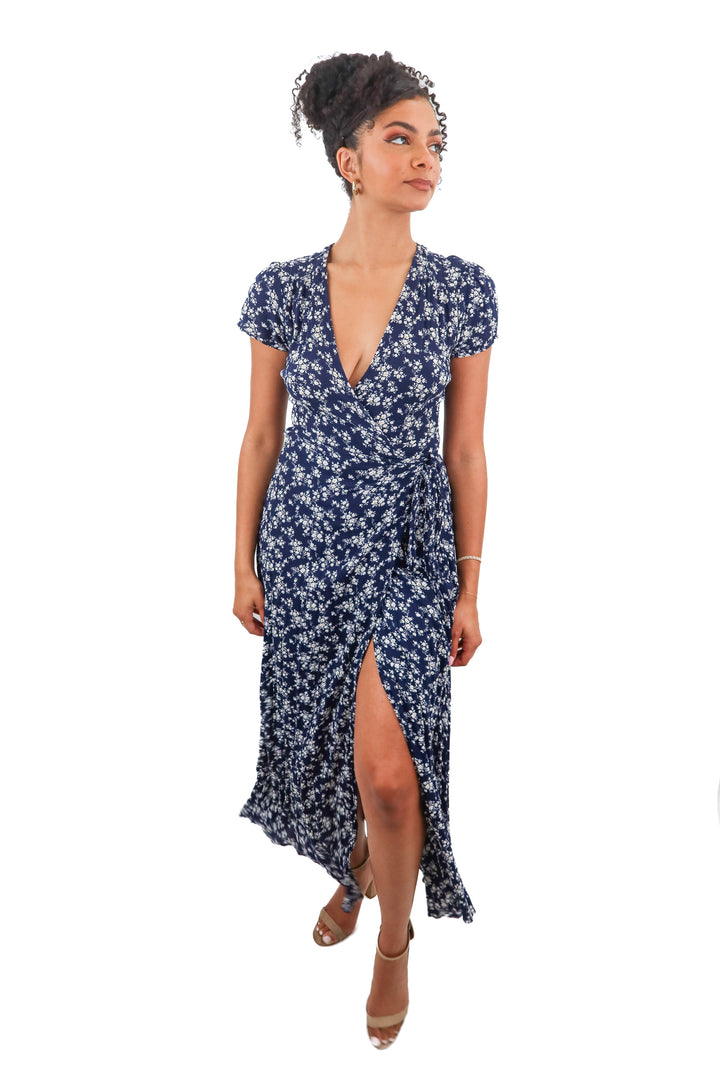 Aakaa blue floral maxi wrap dress (S)