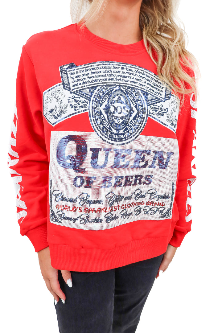 Queen of Sparkles red queen of beers sweatshirt (XS; retail $188)