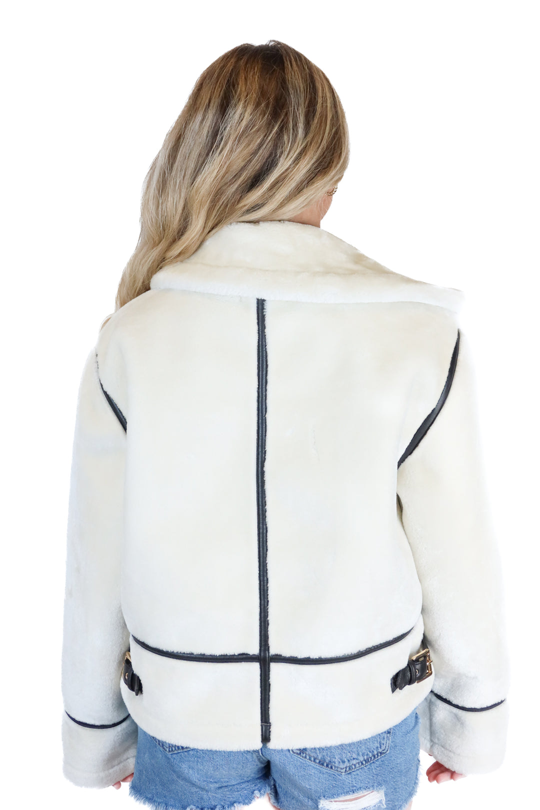 ann taylor white furry coat with vegan leather accents (xs; retail $298)