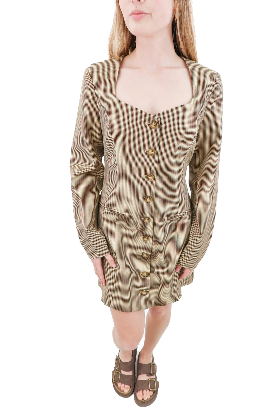 astr the label brown houndstooth long sleeve dress (s)