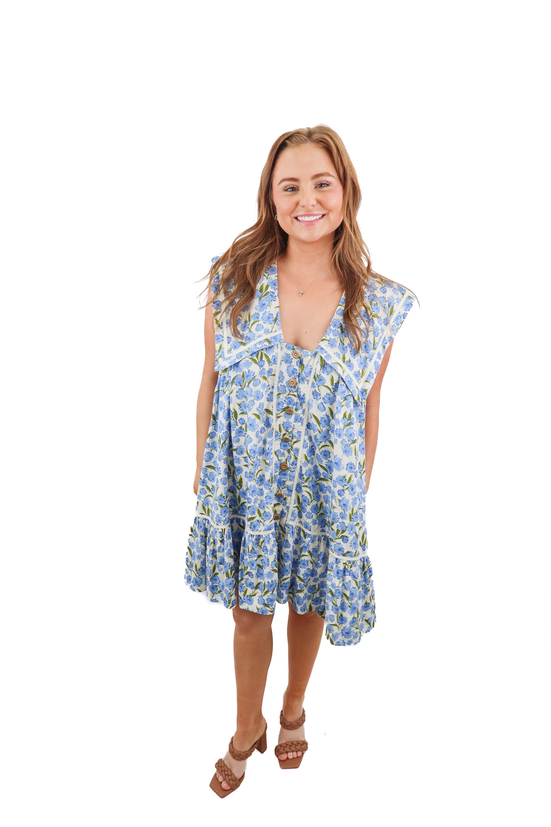 Maeve white/blue floral collared mini dress (L)