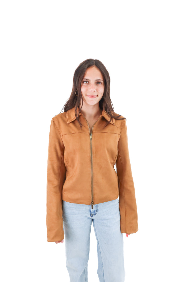 abercrombie & fitch tan vegan suede bomber jacket nwt (s; retail $120)