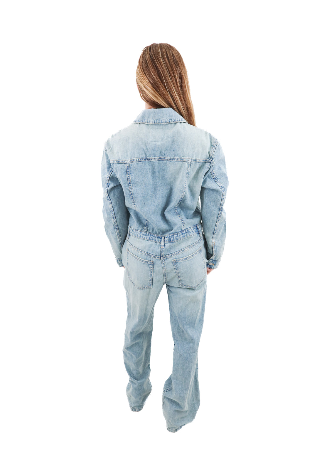 zara light wash denim jumpsuit (xs)