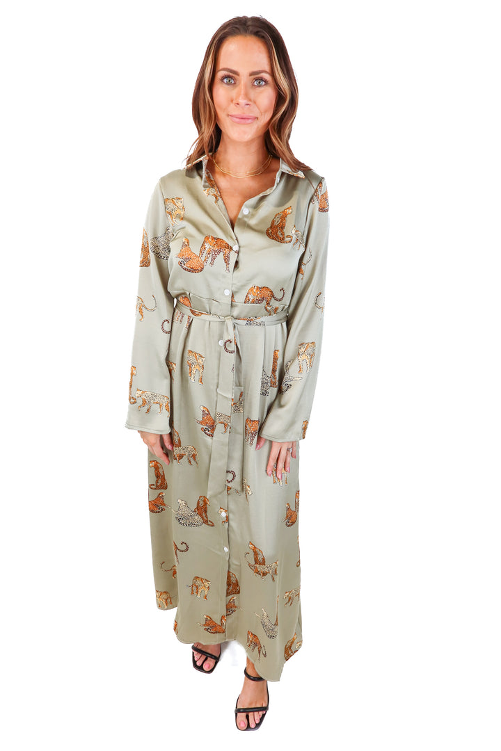green cheetah button up dress (m)