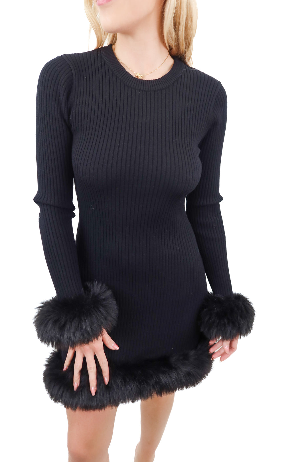 Show Me Your Mumu black ribbed mini  long sleeve dress with fur trim hem (S; retail $248)