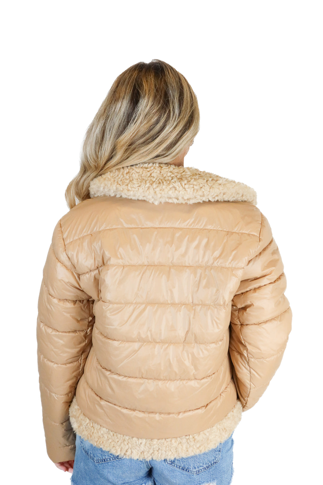 ann taylor brown puffer jacket with teddy detail (xs; retail $208)
