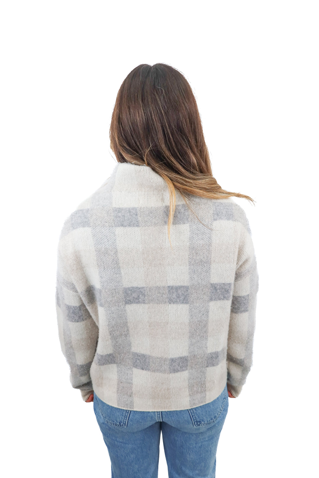 naadam grey checkered mockneck sweater (m; retail $98)
