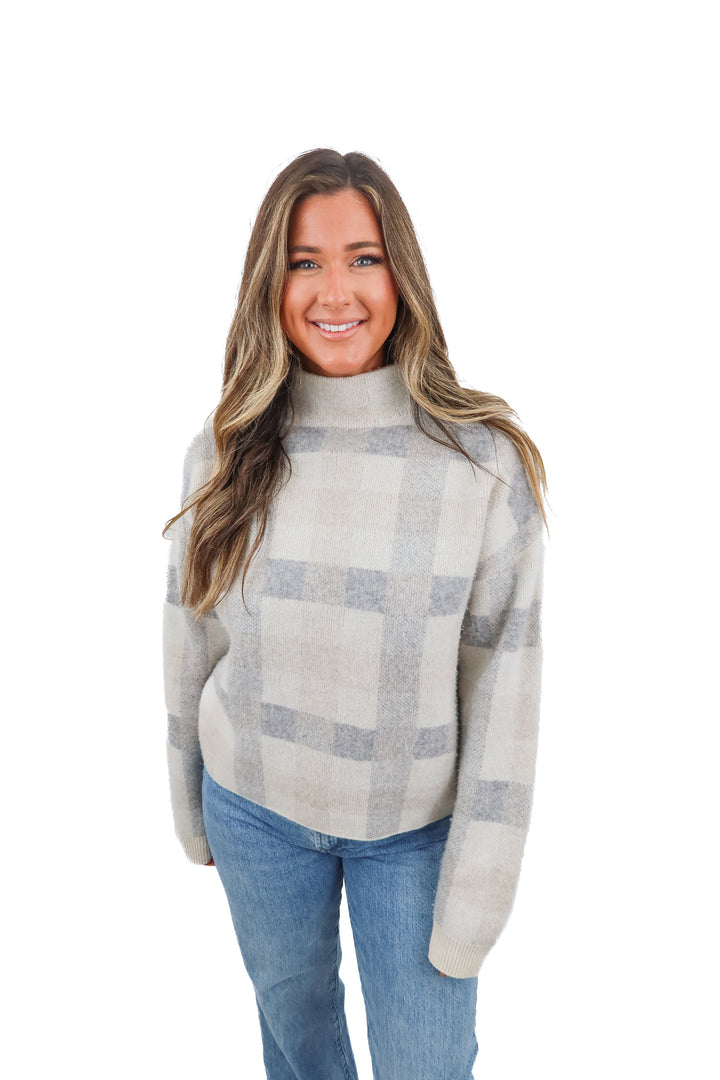 naadam grey checkered mockneck sweater (m; retail $98)