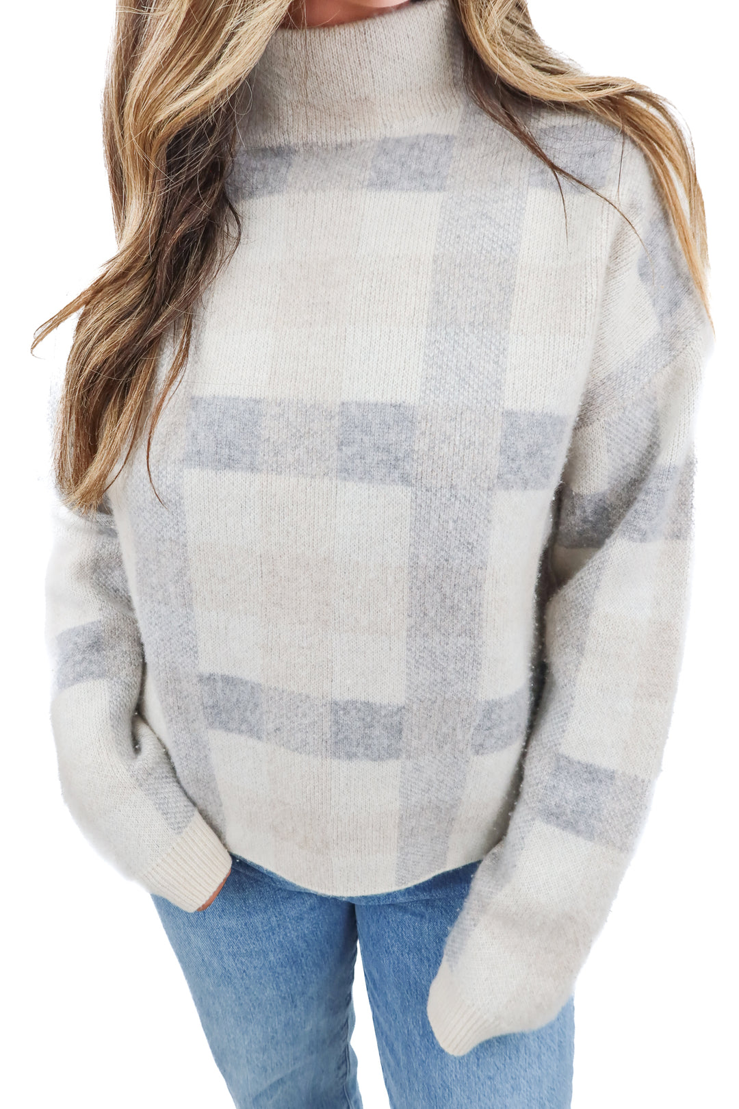 naadam grey checkered mockneck sweater (m; retail $98)