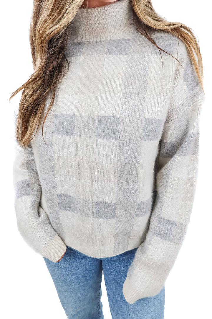 naadam grey checkered mockneck sweater (m; retail $98)