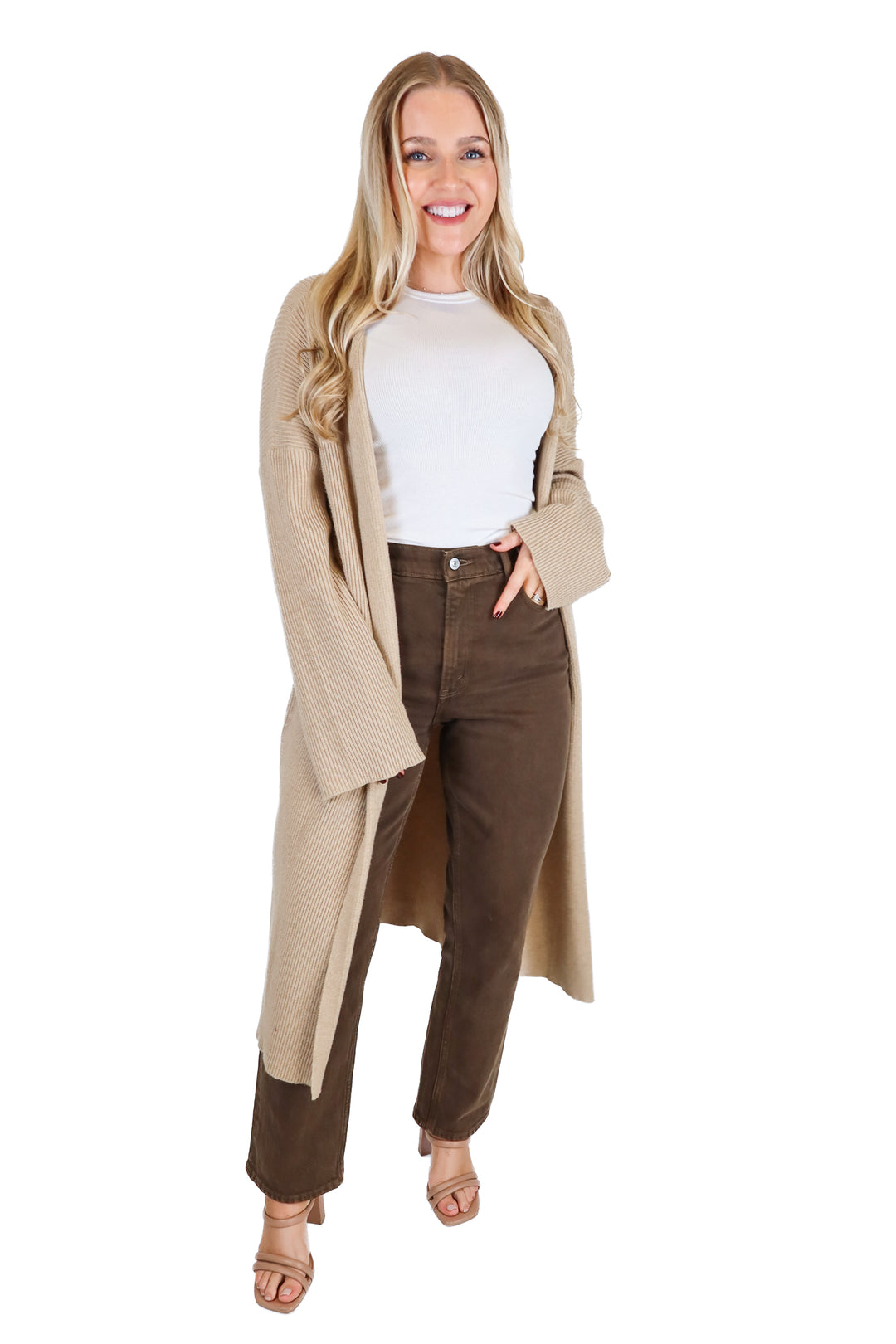 Kittenish Ribbed Taupe Knit Long Duster (M)