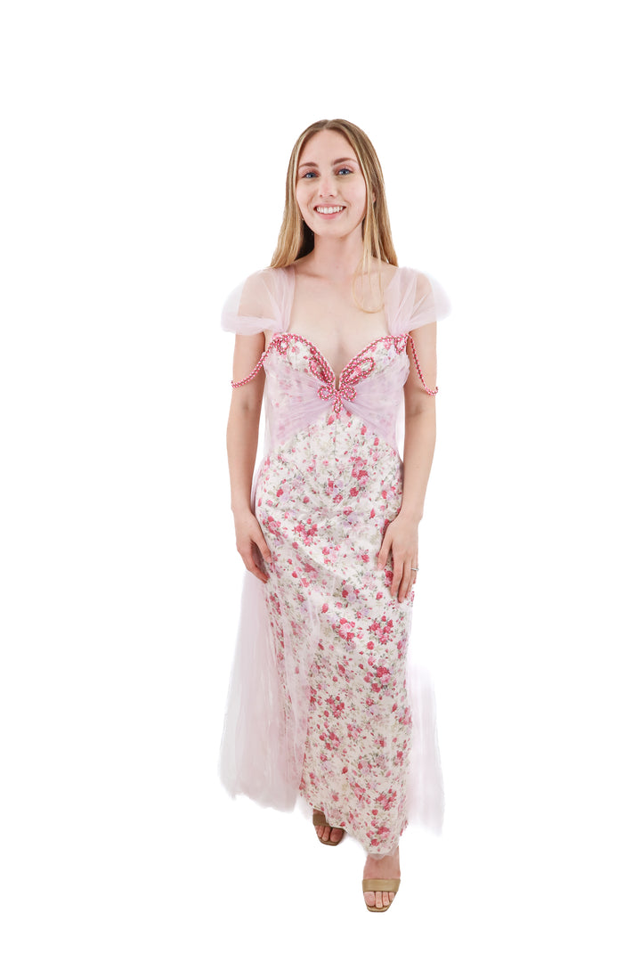 lacemade collection pink floral tulle long dress (m; 130)