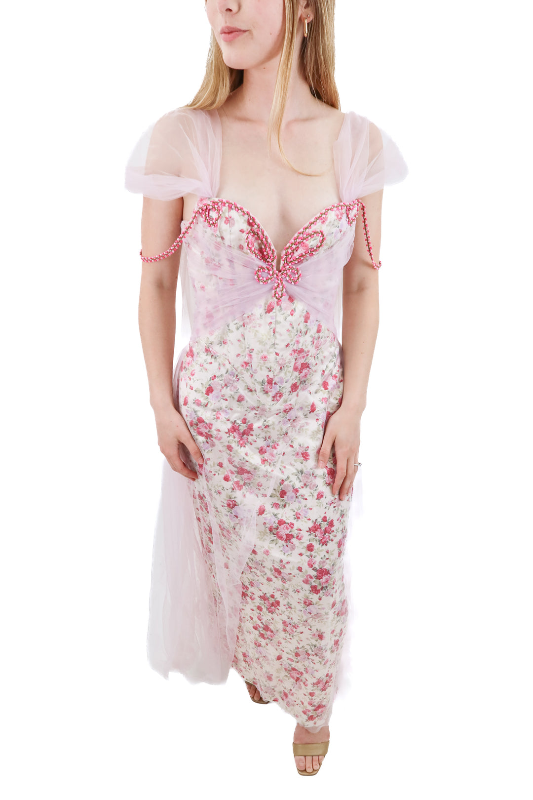 lacemade collection pink floral tulle long dress (m; 130)