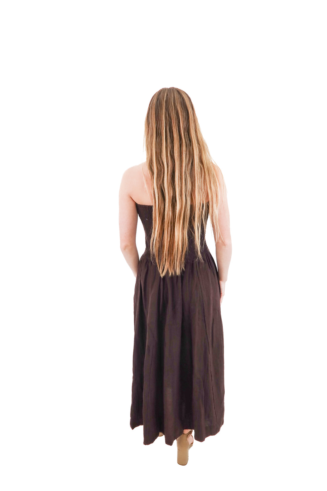 free-est brown strapless smocked midi dress (xs; retail $158)