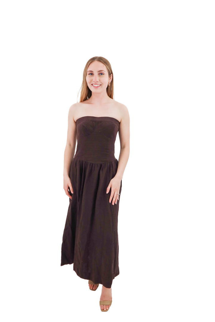 free-est brown strapless smocked midi dress (xs; retail $158)