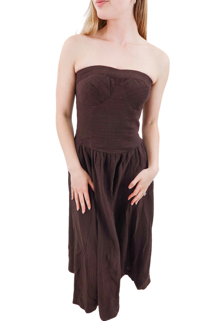 free-est brown strapless smocked midi dress (xs; retail $158)