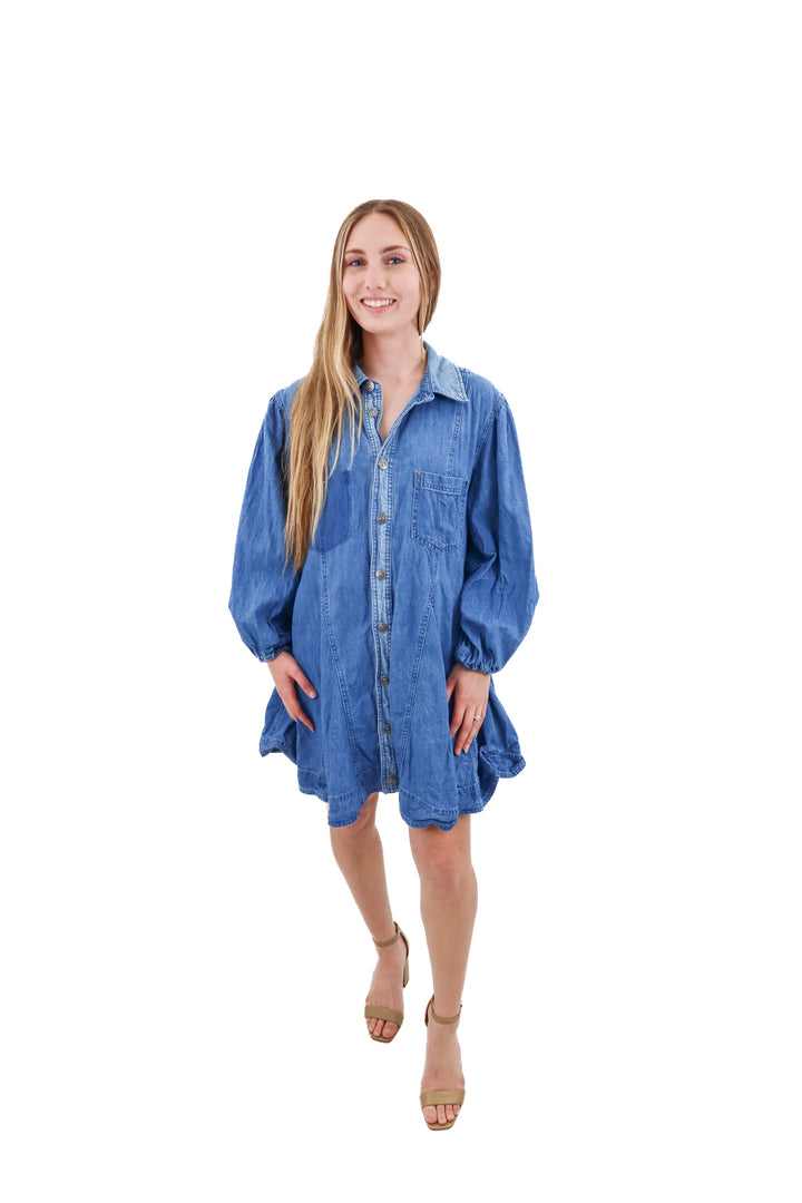 free people denim flare mini dress (xs; retail $148)