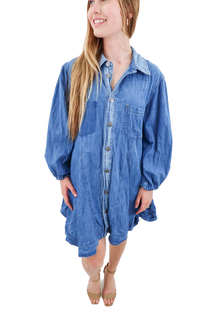 free people denim flare mini dress (xs; retail $148)