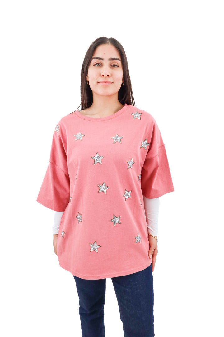 peach love pink sequined stars top (s; retail $64.99)