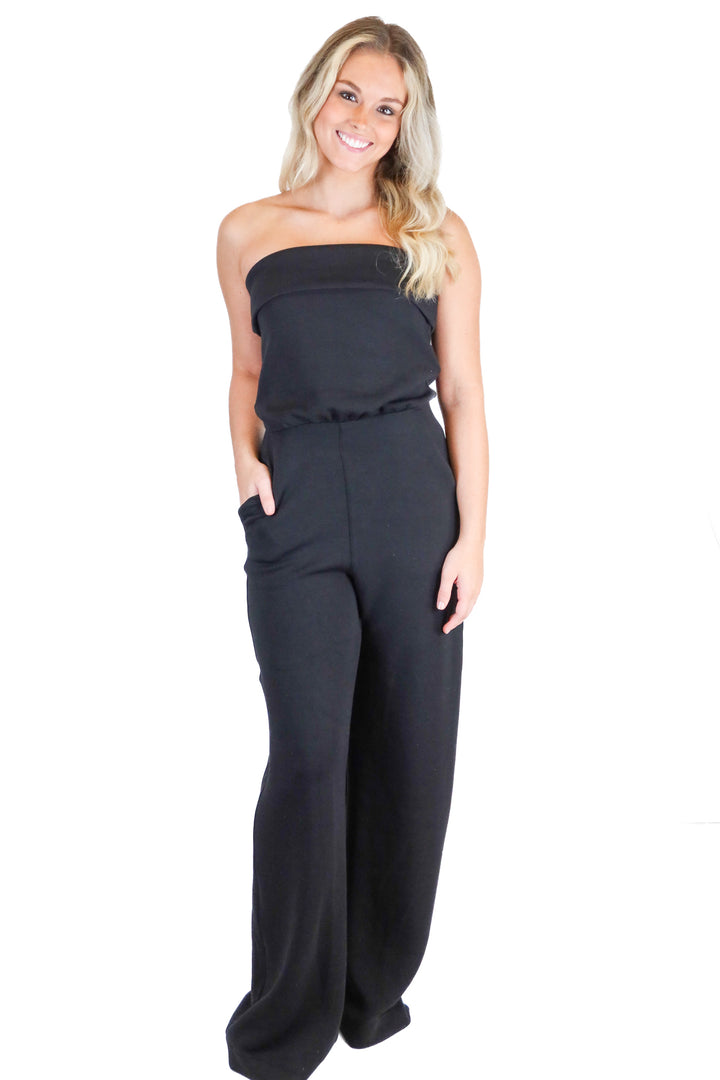 Spanx Black Strapless Wide Leg Knit Jumpsuit (XS; retail $138)
