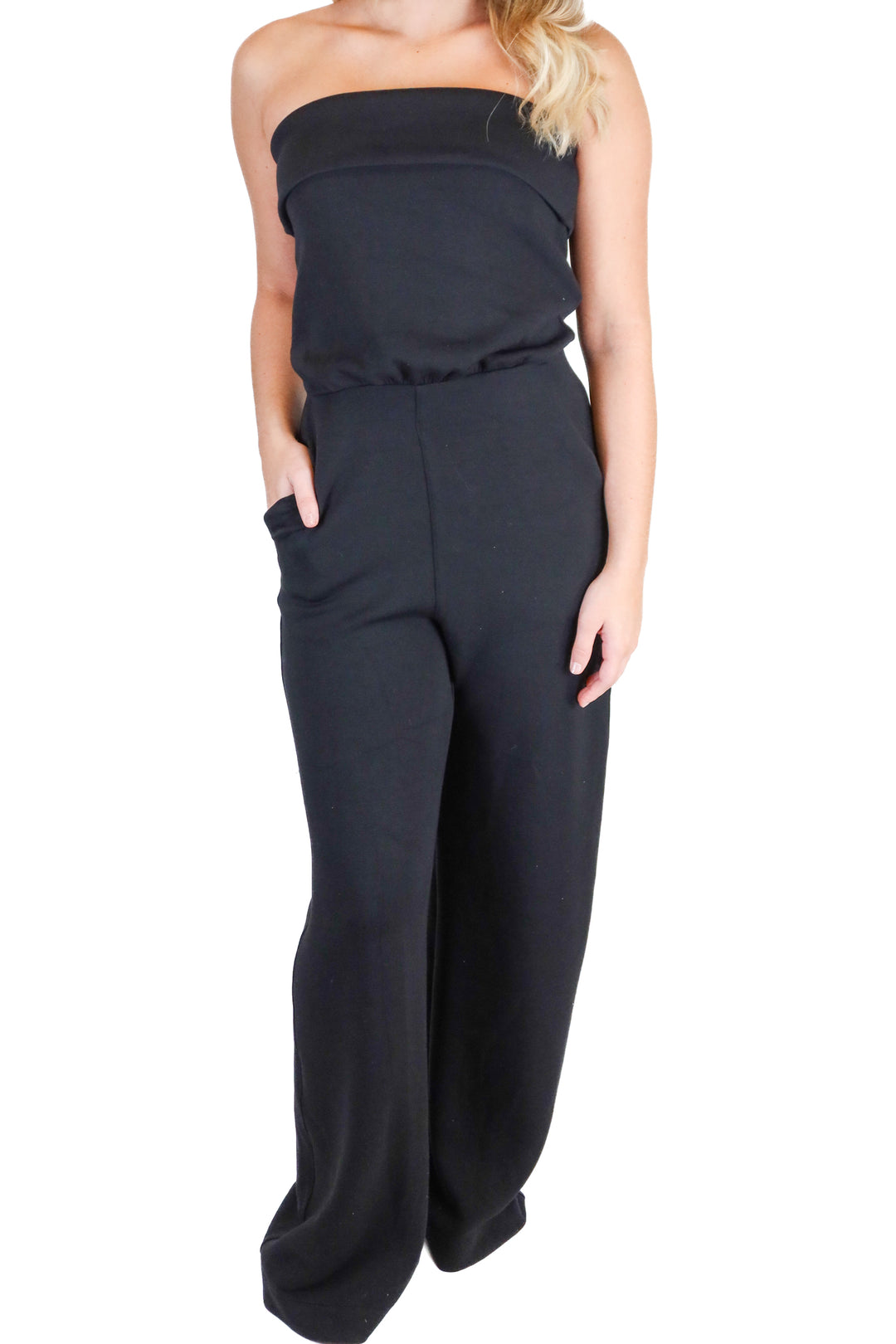 Spanx Black Strapless Wide Leg Knit Jumpsuit (XS; retail $138)
