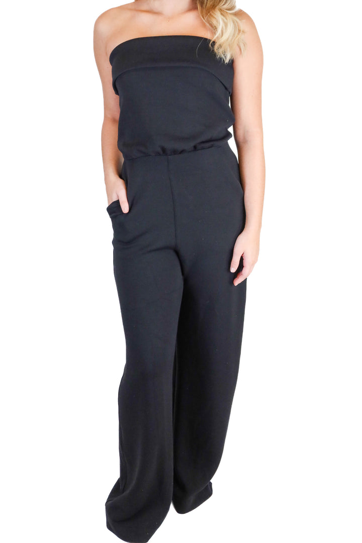 Spanx Black Strapless Wide Leg Knit Jumpsuit (XS; retail $138)