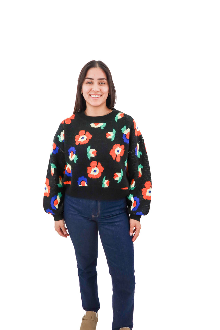 sugar lips black sweater with bright florals nwt (m)