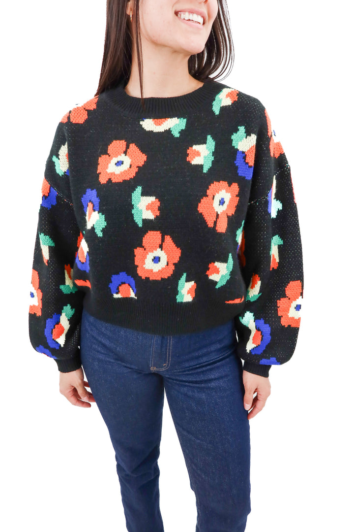 sugar lips black sweater with bright florals nwt (m)