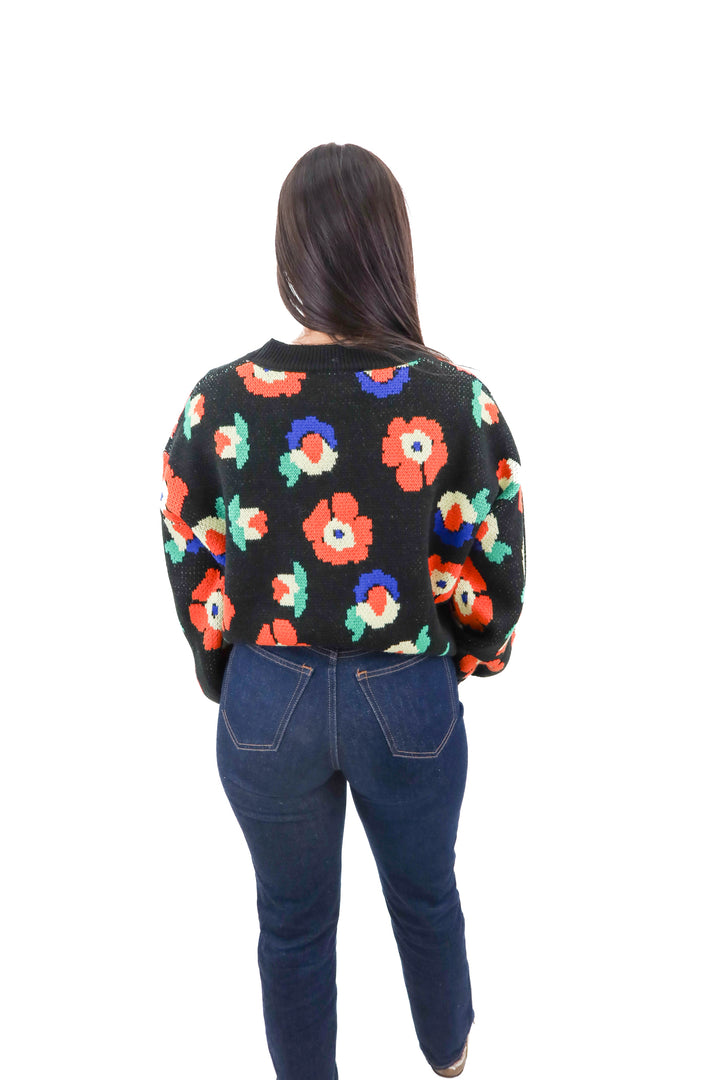 sugar lips black sweater with bright florals nwt (m)