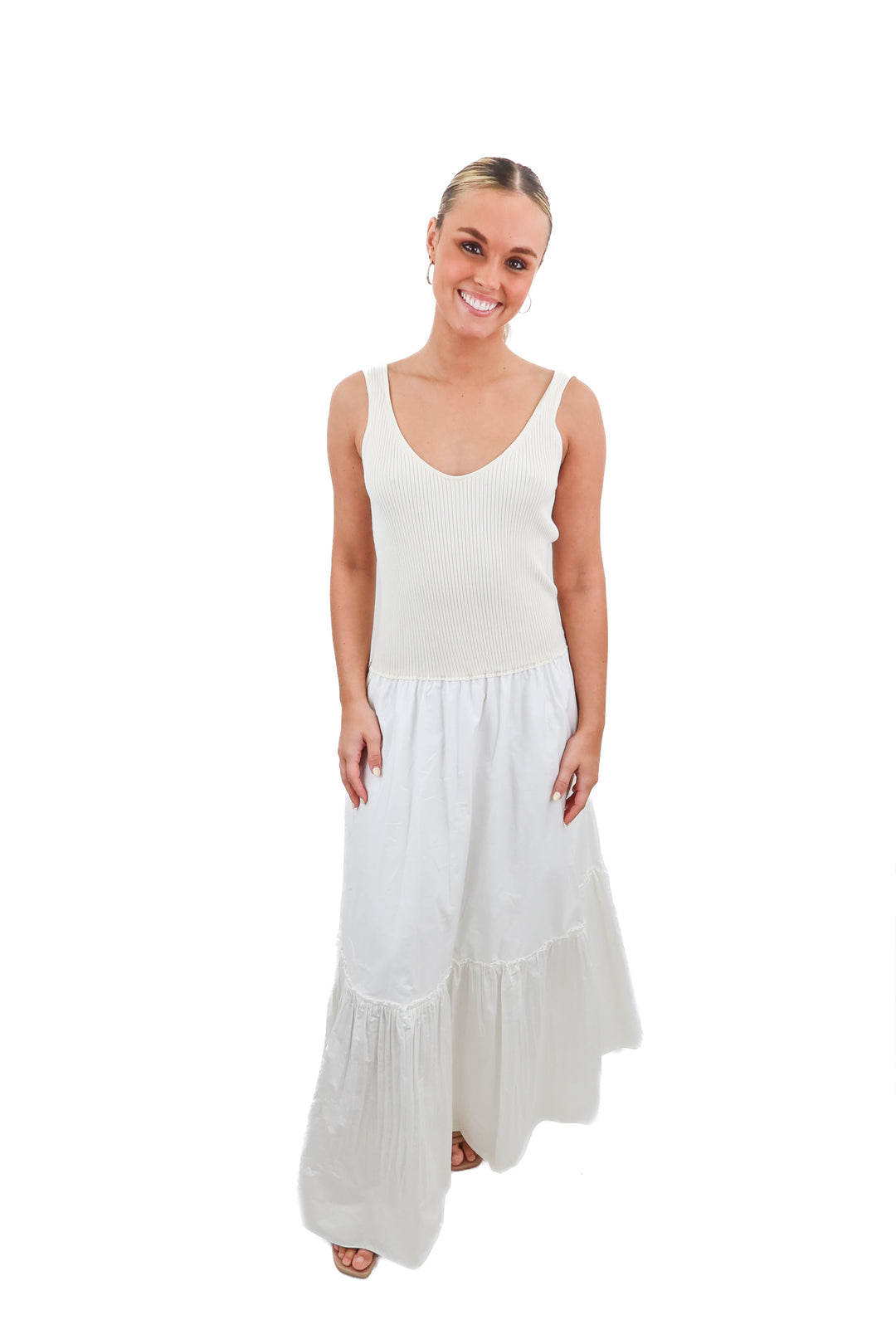 ramy brook cream knit/white linen maxi dress (s; retail $465)