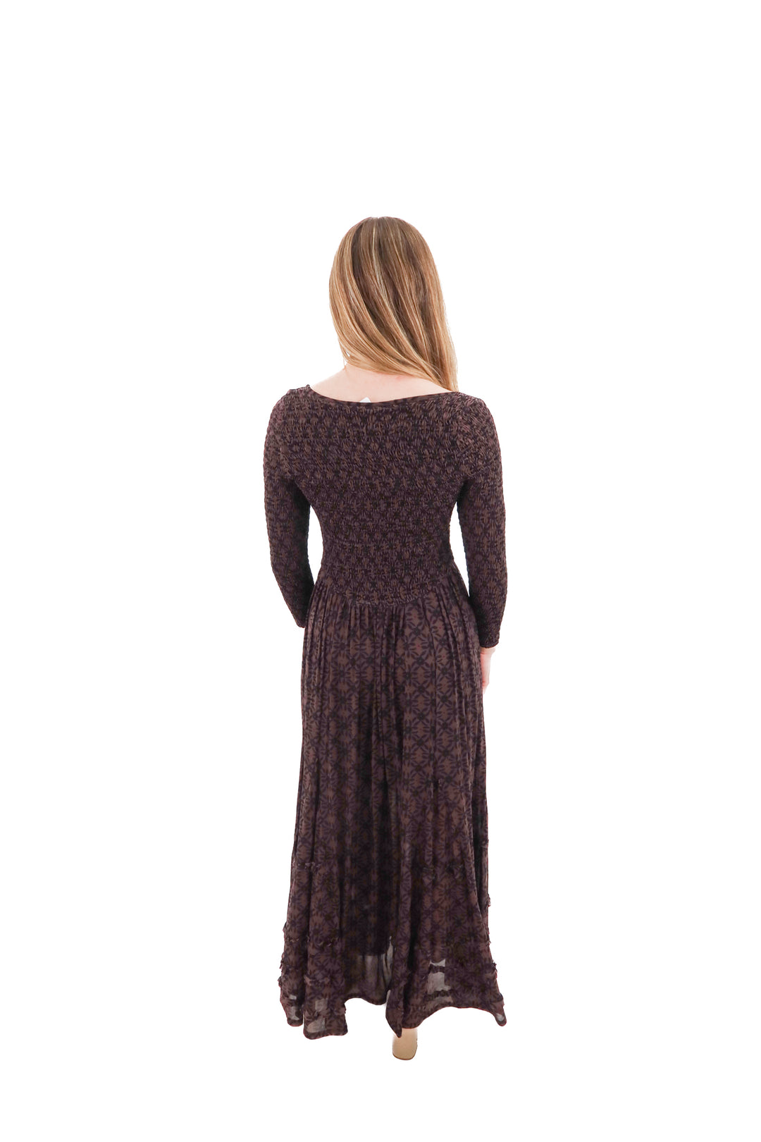 free people brown floral mesh smocked long dress (xs; retail $188)