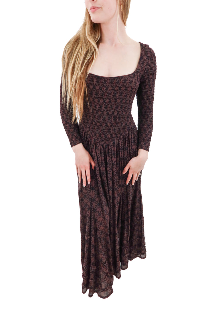free people brown floral mesh smocked long dress (xs; retail $188)